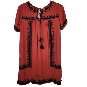 MIAMI XSmall Burned Red Embroidered Boho lined Tassels Short Sleeve‎ Mini Dress